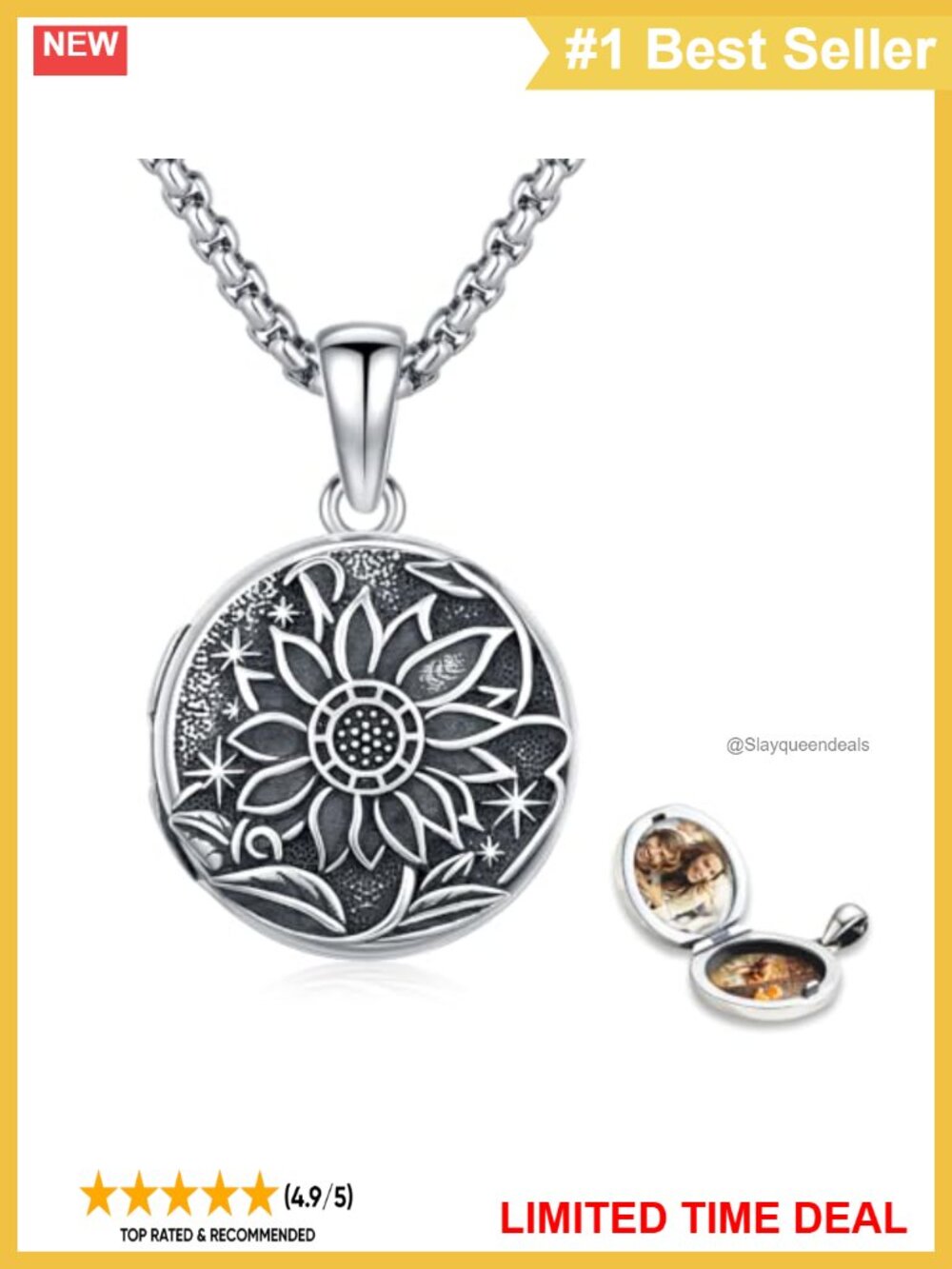 925 Sterling Silver Sunflower Locket Necklace Cameo Photo Pendant Necklace